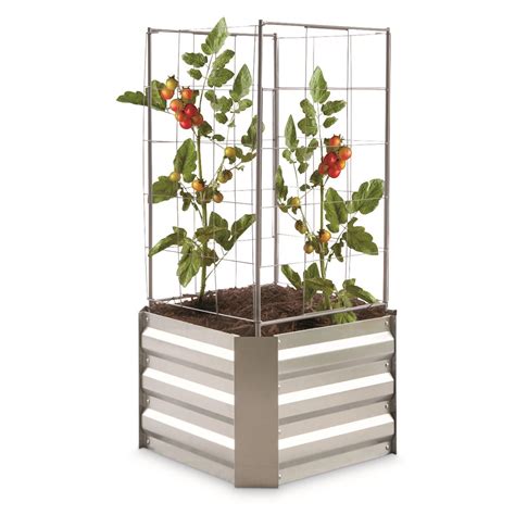 castlecreek small square raised galvanized steel planter box with trellis|CASTLECREEK Galvanized Raised Garden Bed for .